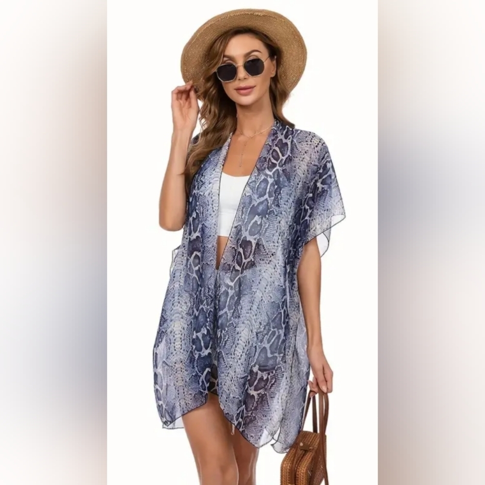 NEW Whimsigoth Sheer‎ Preppy Mobwife AnimalBlue Snake Print Swim SummerCover-Up